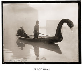 Two men in a boat with a giant black swan, "Black Swan"