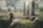 Shepherd tending sheep near mysterious pillars, "Shepherd's Secret"
