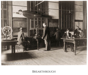 Professor instructing students in a 1920s physics lab, Breakthrough