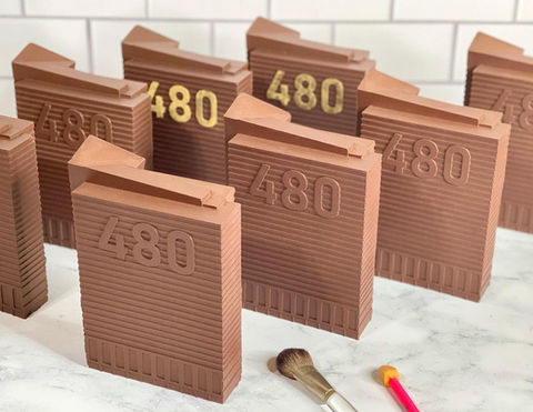 Chocolate sculptures of buildings with 480 embossed on each, Our Work, Chicago Culinary FX