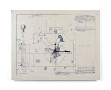 Blueprint clock design, bird detail; MichaelJoyArt