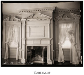 Woman in elegant dress gazes out window, MichaelJoyArt, Caretaker