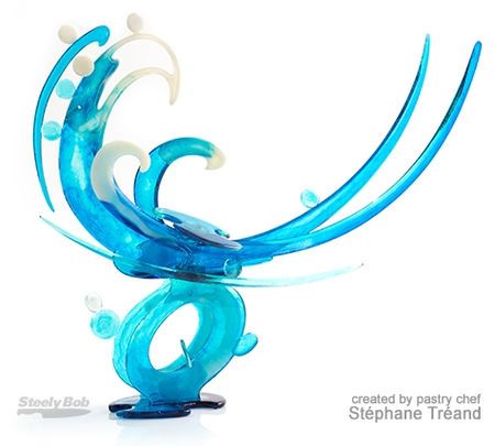 Abstract blue sugar sculpture by pastry chef Stéphane Treand, created for Steely Bob
