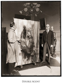 Black and white photo of artists beside large painting