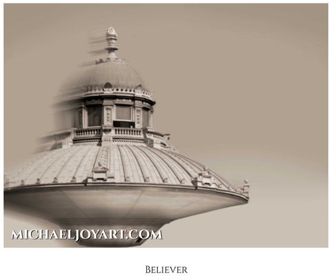 Sepia-toned photo of Believer, a building, appearing to levitate, MichaelJoyArt