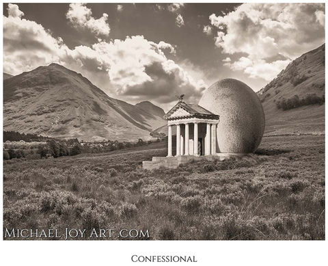 Sepia-toned photo: temple engulfed by sphere, 'Confessional', MichaelJoyArt.com