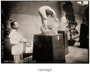 Man observes a diver statue, Critique