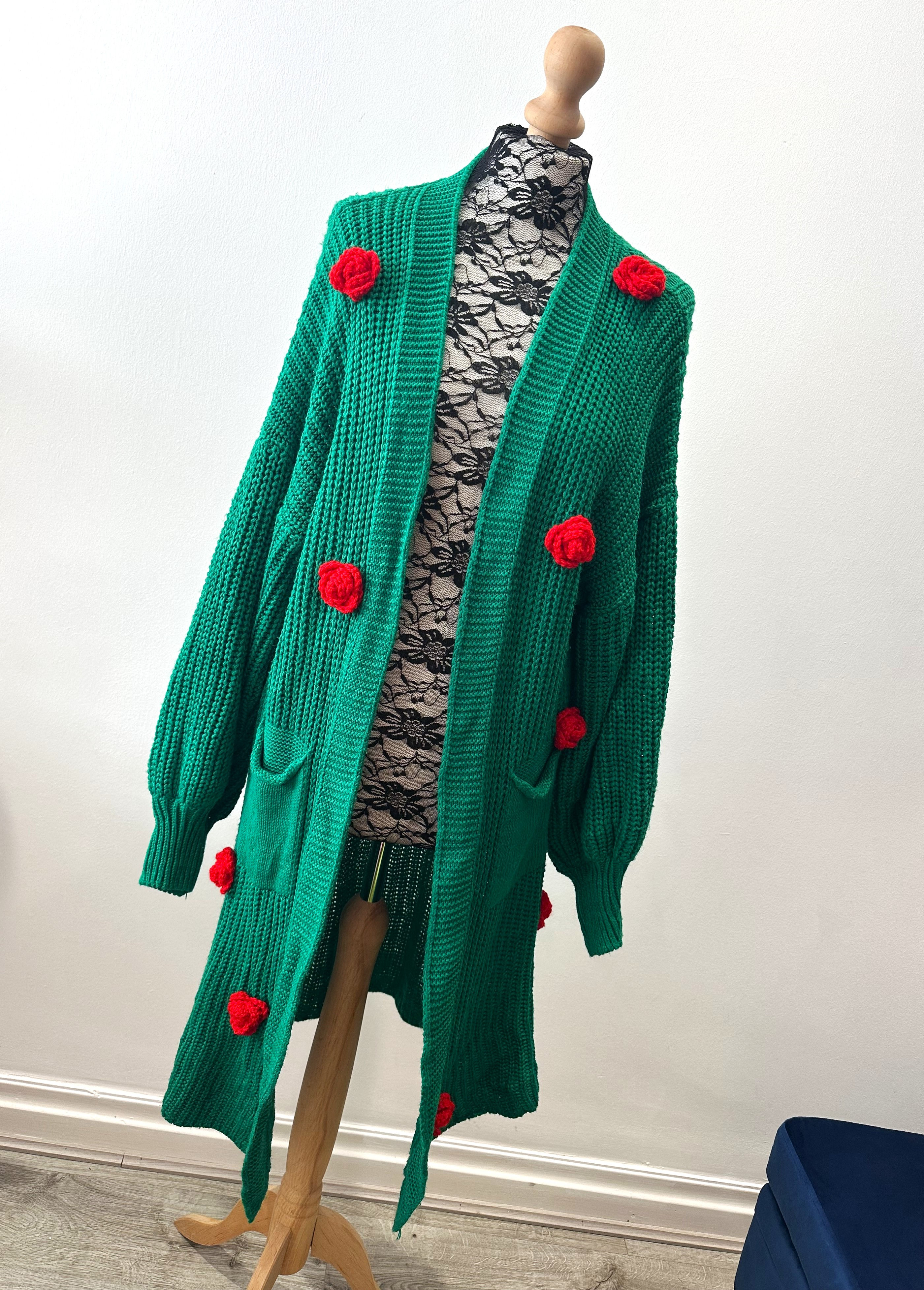 Long Green Cardigan with 3D Rose Embellishments | One Size