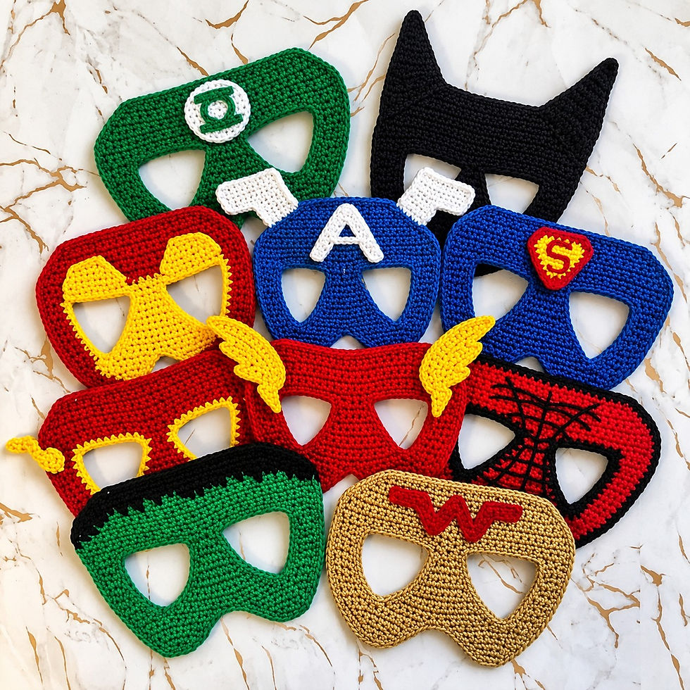Collection of 9 handmade superhero inspired crochet masks