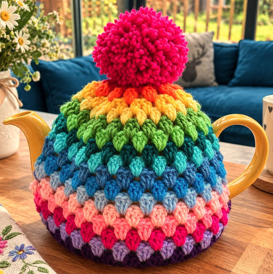 Colourful rainbow crochet tea cosy handmade for a teapot