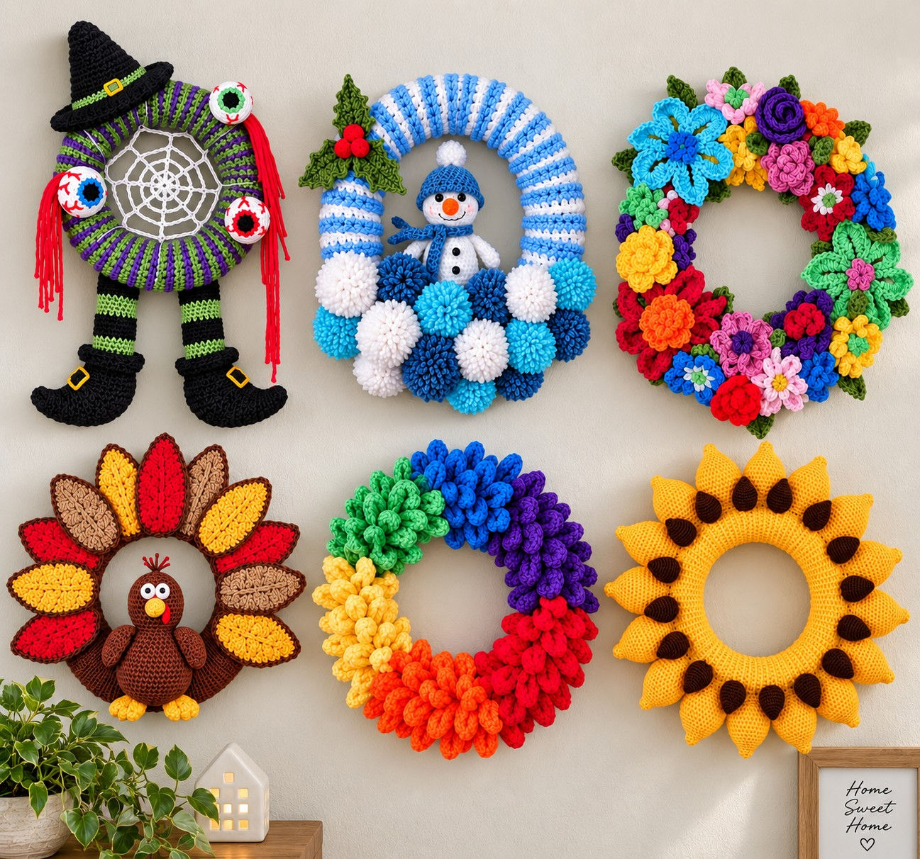 Collection of 6 handmade crochet wreath designs