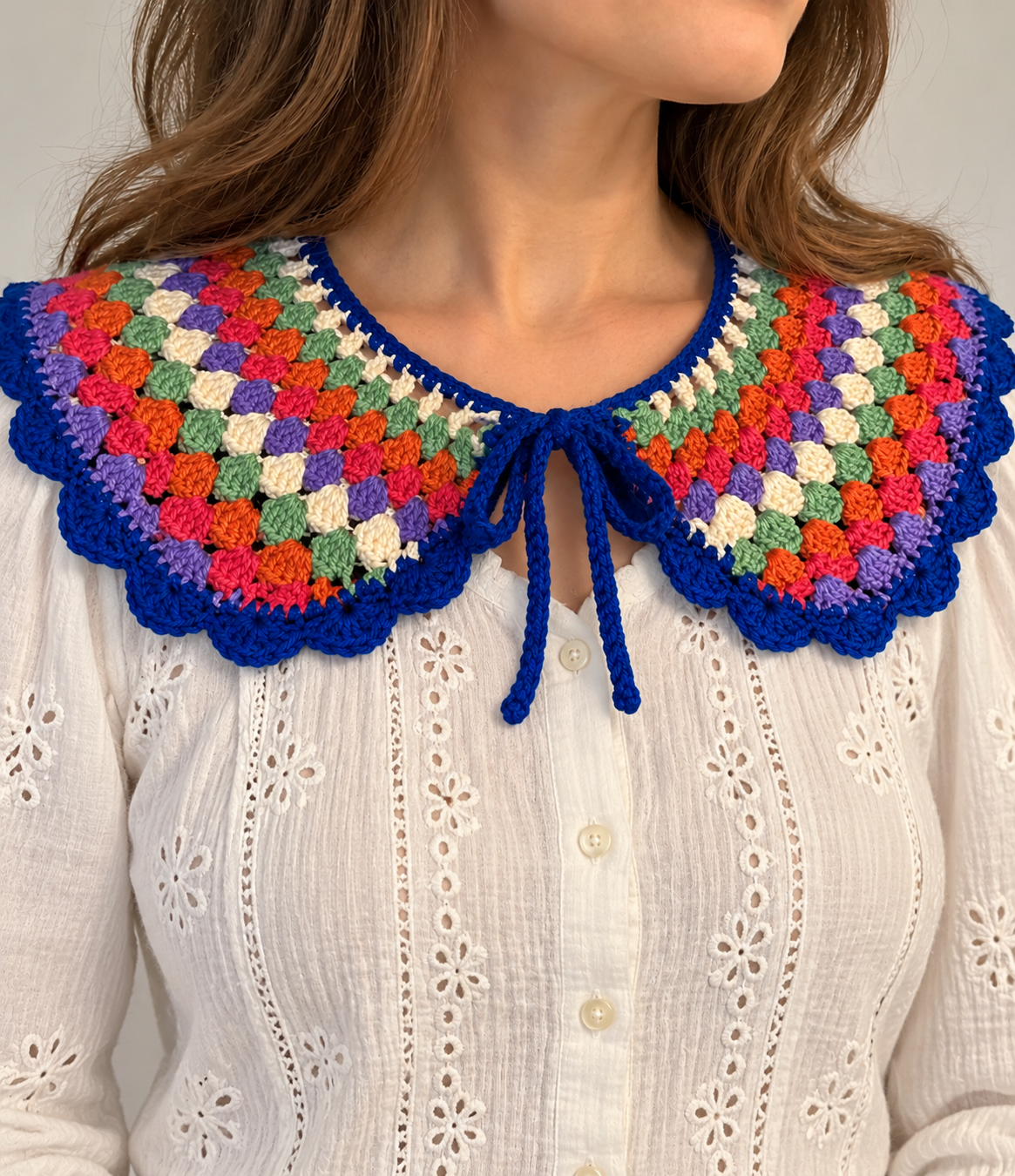 Handmade pastel granny stitch crochet collar with scalloped edging and tie fastening