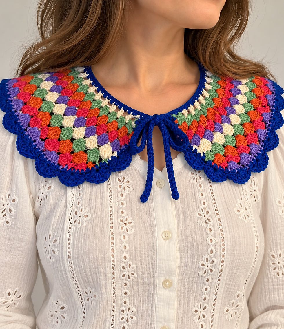Handmade pastel granny stitch crochet collar with scalloped edging and tie fastening