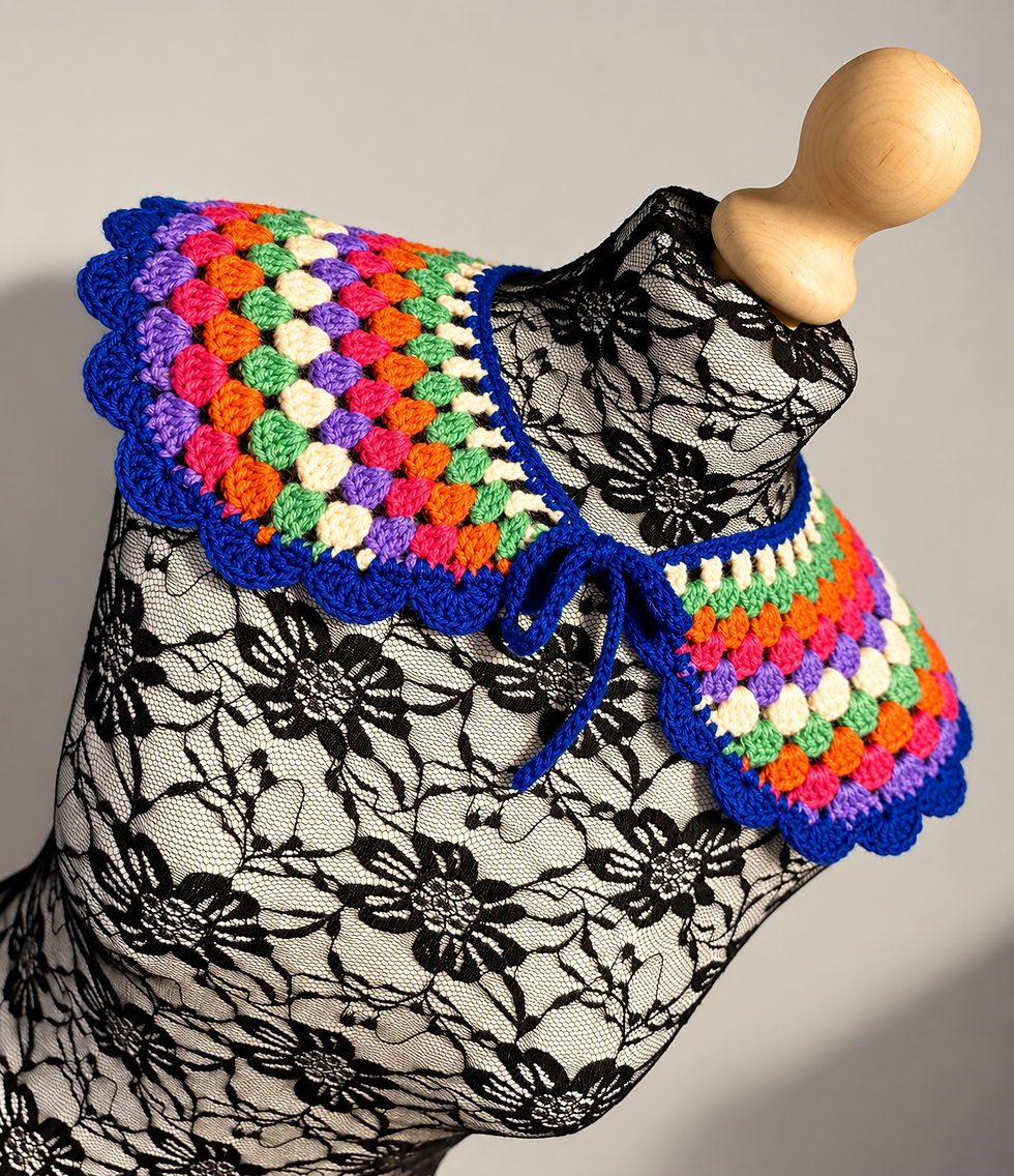 Handmade pastel granny stitch crochet collar with scalloped edging and tie fastening