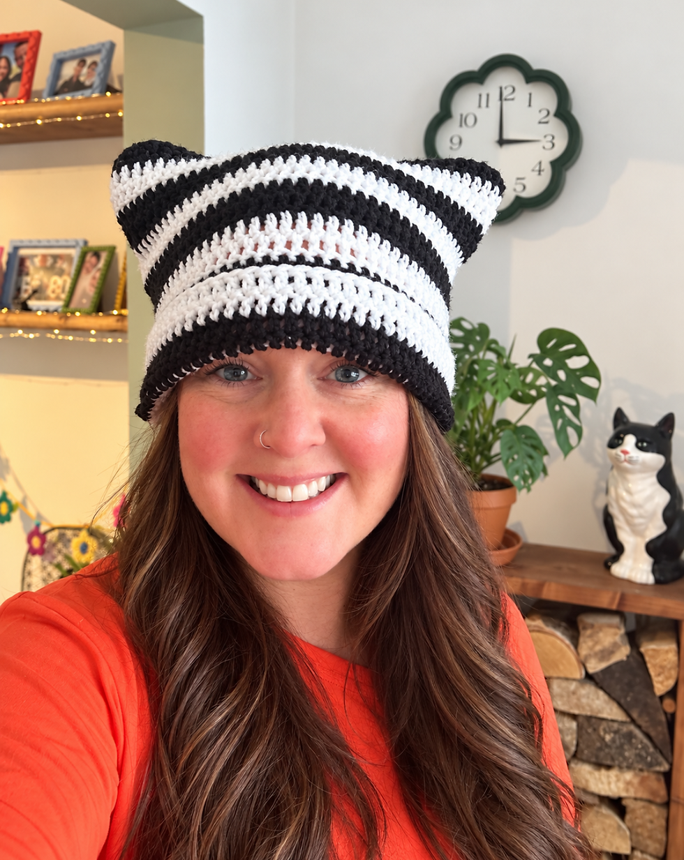 Handmade black and white striped crochet cat ear beanie with pointed kitty ears