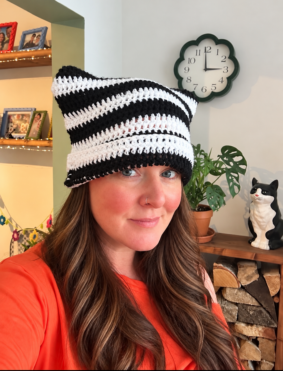 Handmade black and white striped crochet cat ear beanie with pointed kitty ears