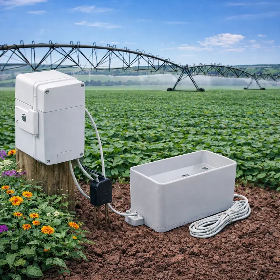 Mini estação meteorológica em campo agrícola com irrigação.