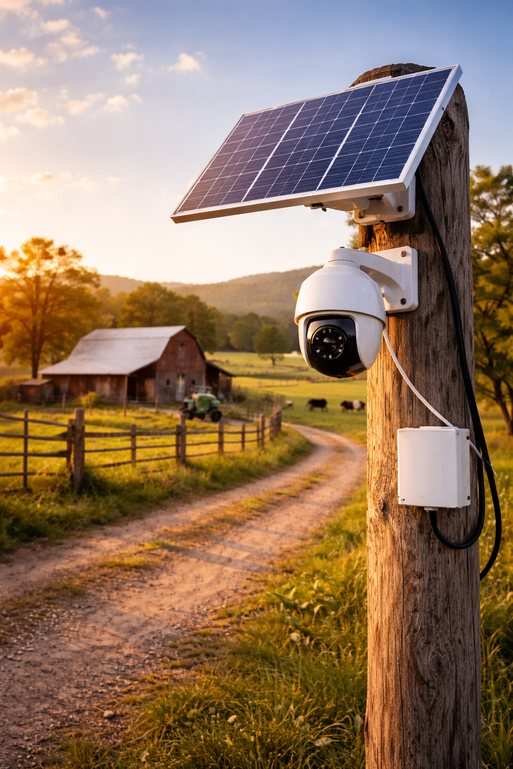 Câmera de segurança solar, monitoramento remoto de fazenda.
