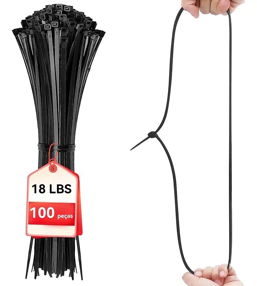 Pacote com 100 abraçadeiras de nylon pretas, uma esticada