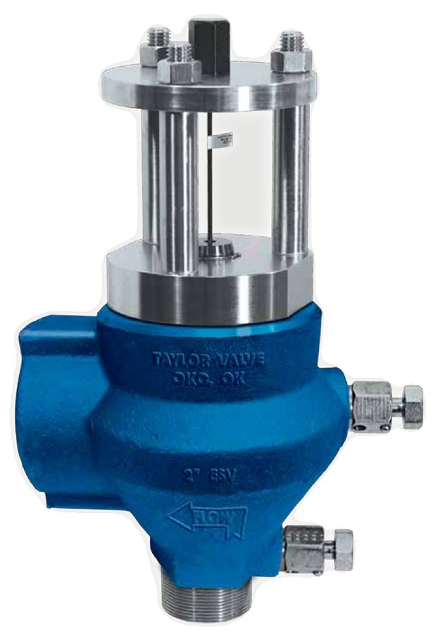 Rupture Pin Model A ESV angle body isolation valve in blue with a stainless pin cage