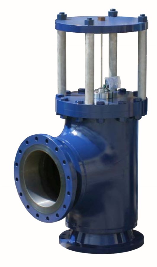 Rupture Pin Model C-ASME full bore angle relief valve in blue with a large flanged outlet