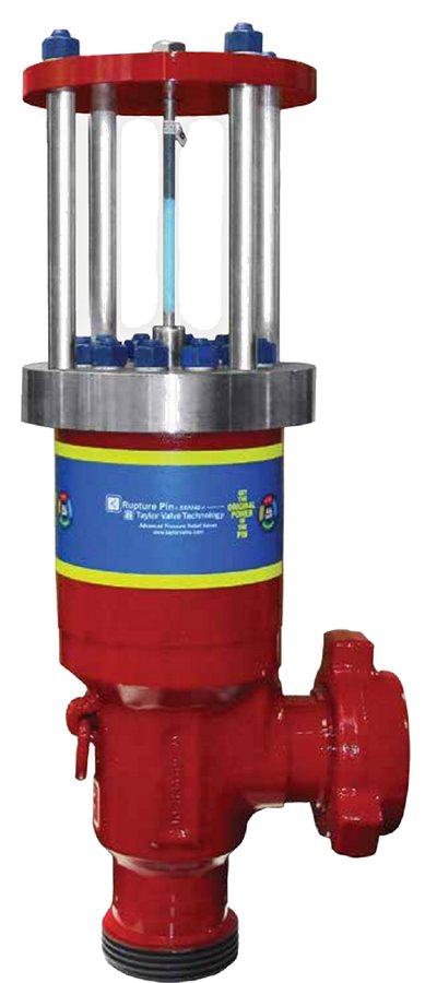 Rupture Pin Model HPRV high-pressure relief valve in red with a hammer union inlet