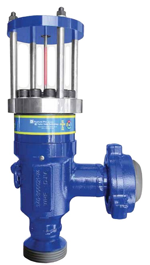 Rupture Pin Model IC mud and slurry relief valve in blue with a hammer union inlet