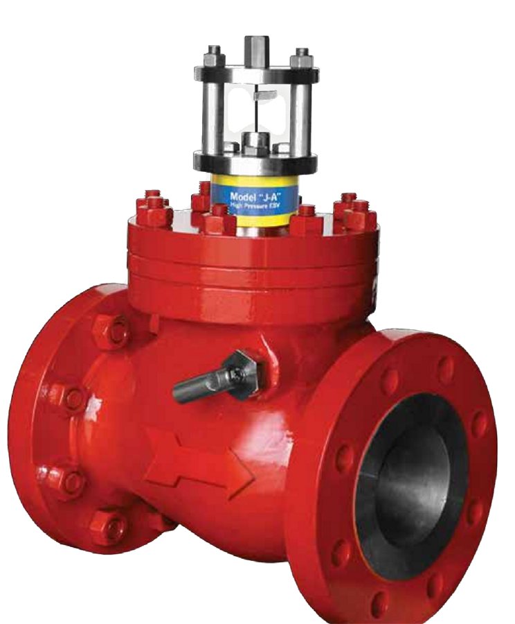 Rupture Pin Model JA ESV inline isolation valve in red with flanged ends