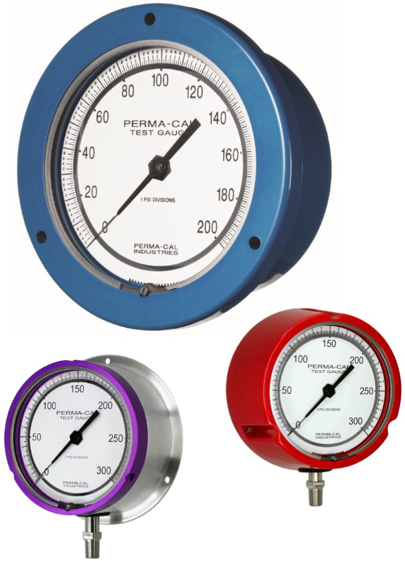 Perma-Cal precision test gauges in blue, purple and red cases