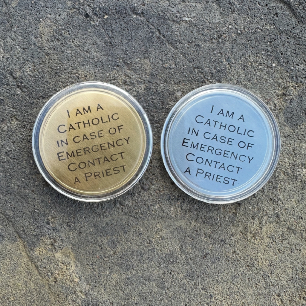two laser engraved coins for St. Nicholas feast day: I am a Catholic In Case of Emergency Contact a Priest
