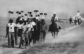 Black and white image of prisoners walking along a dirt road to do forced agricultural labor, accompanied by a white guard on a horse with a gun