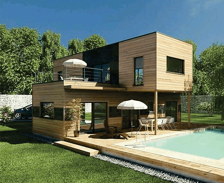 ein zweistöckiges modulhaus mit terrasse und swimming pool