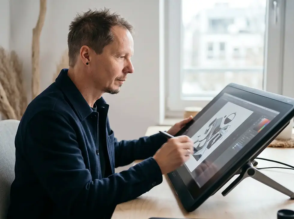 Matthias Thonhofer sitzt an einem Schreibtisch und zeichnet auf einem Wacom Cintiq Grafik-Bildschirm