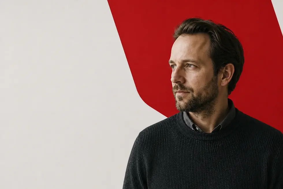 Detailauschnitt des Design Desings mit Portrait von Tim Falkenrath auf rotem Hintergrund