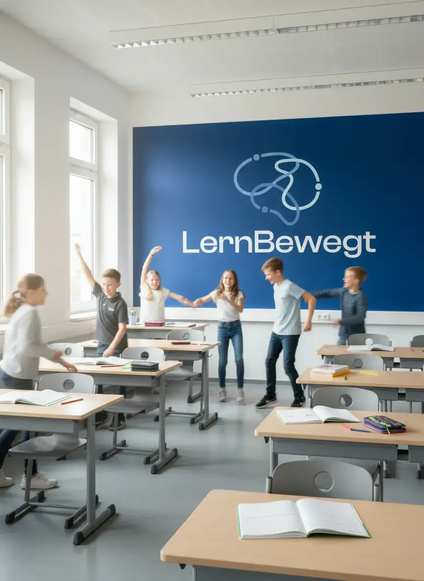 Eine Kinder toben fröhlich im Klassenzimmer. Auf der Wand  dahinter erkennt man das Logo von LernBewegt