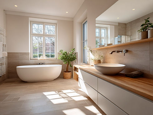 Ein modernes Badezimmer, ausgestattet mit Badewanne, Waschtisch und Heizkörper. Durch die Fenster scheint die Sonne in den Raum.