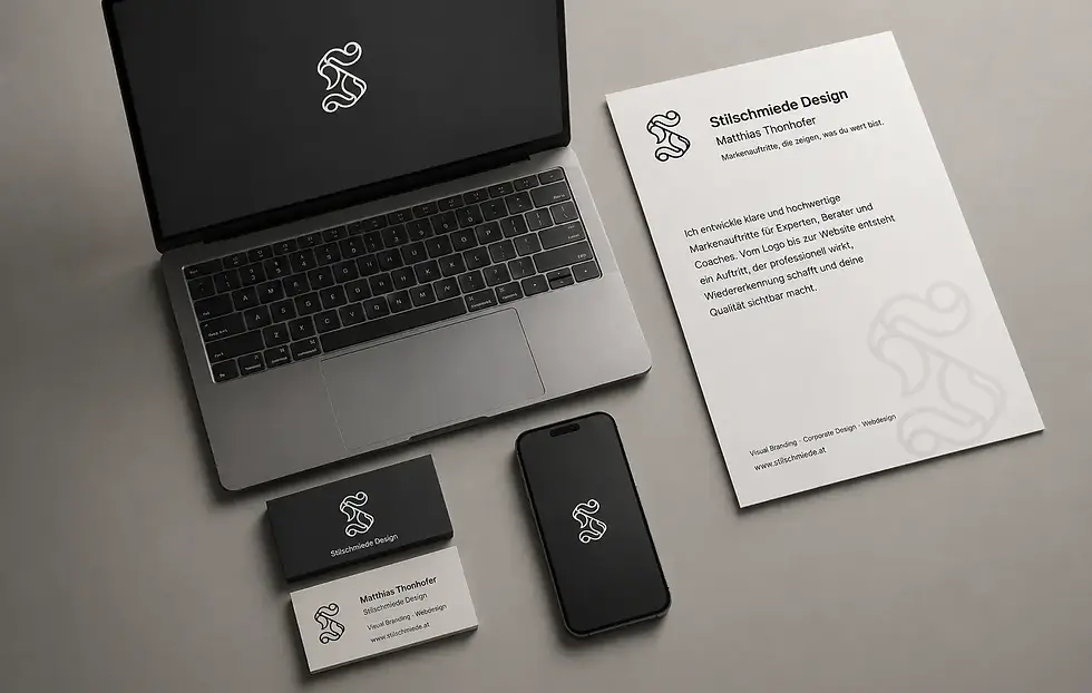 Corporate Design Mockups, mit einem Logosymbol: MacBook, iPhone, Visitenkarten und Briefpapier