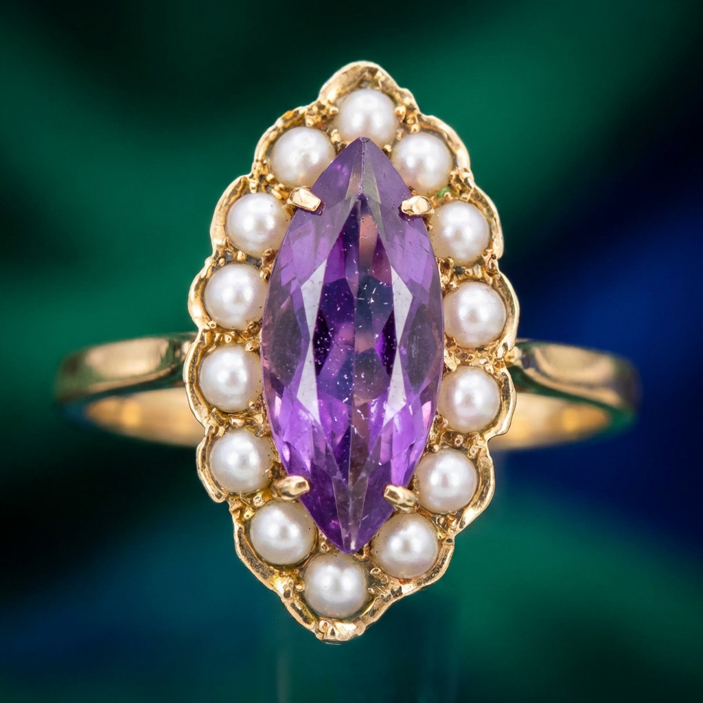 Antique 9ct Yellow Gold Ring – Marquise Amethyst & Seed Pearls