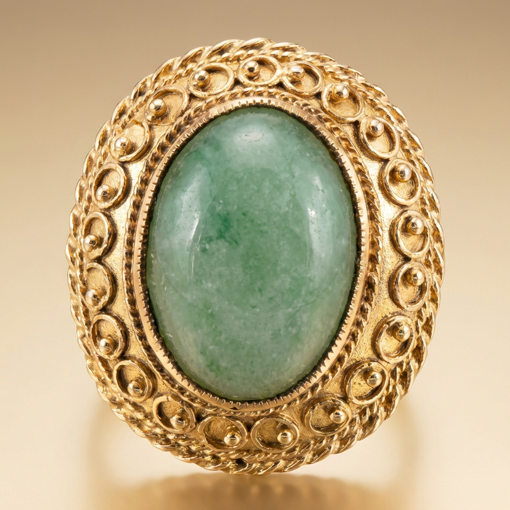 An Oval, 9ct Gold Green Jade Cabochon Ring