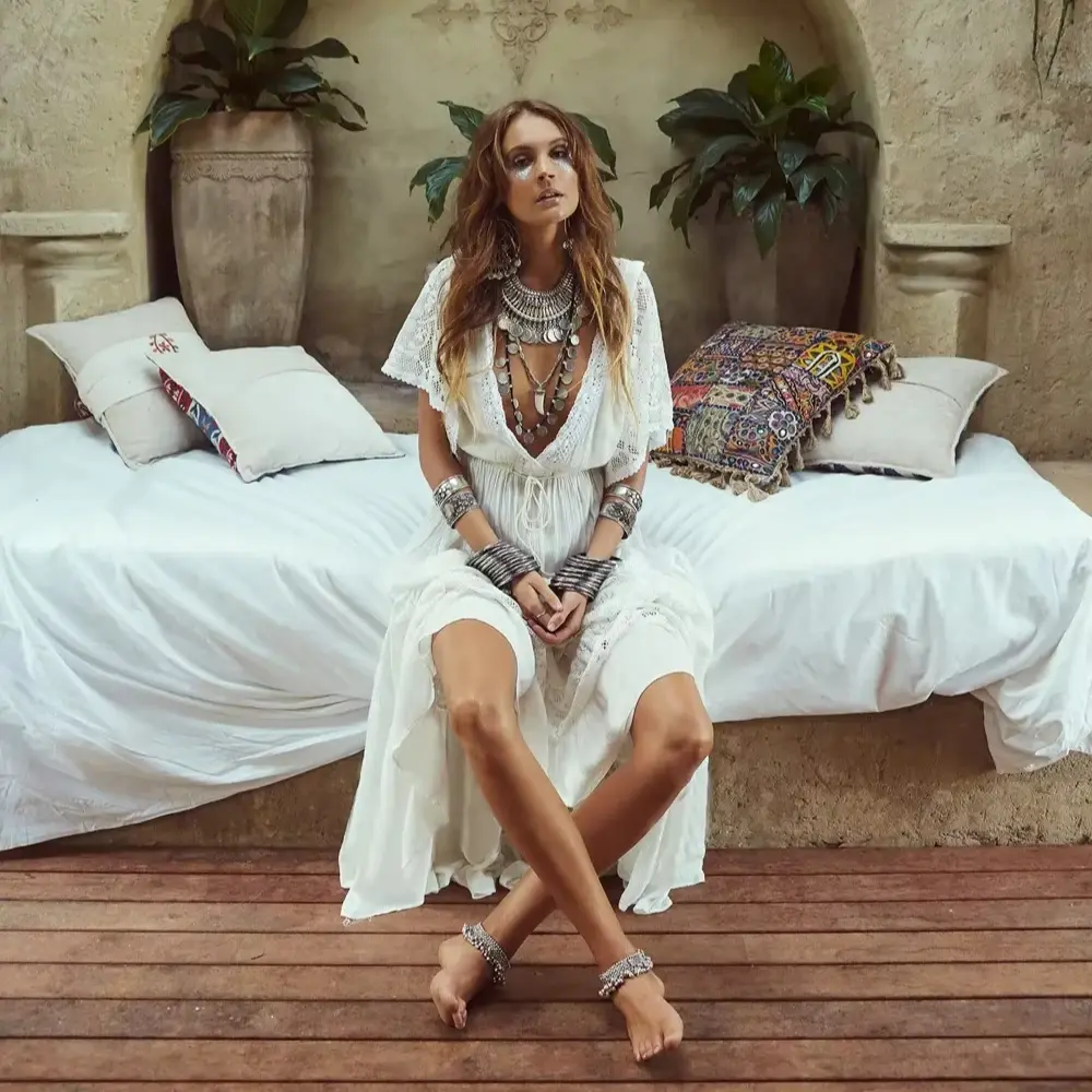 Vestido Longo Canwedance de Algodão com Renda – Estilo Praia/Verão, Cor Lisa