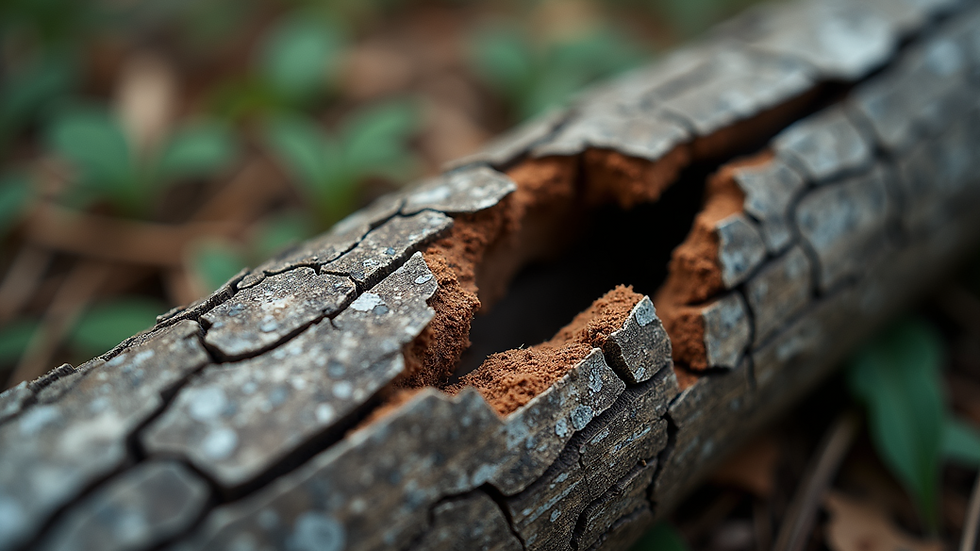 Close-up view of a cracked tree trunk showing damage