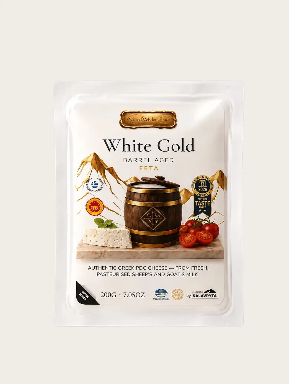 Sacred Wisdom Foods authentic Greek barrel-aged feta cheese in a traditional wooden barrel setting