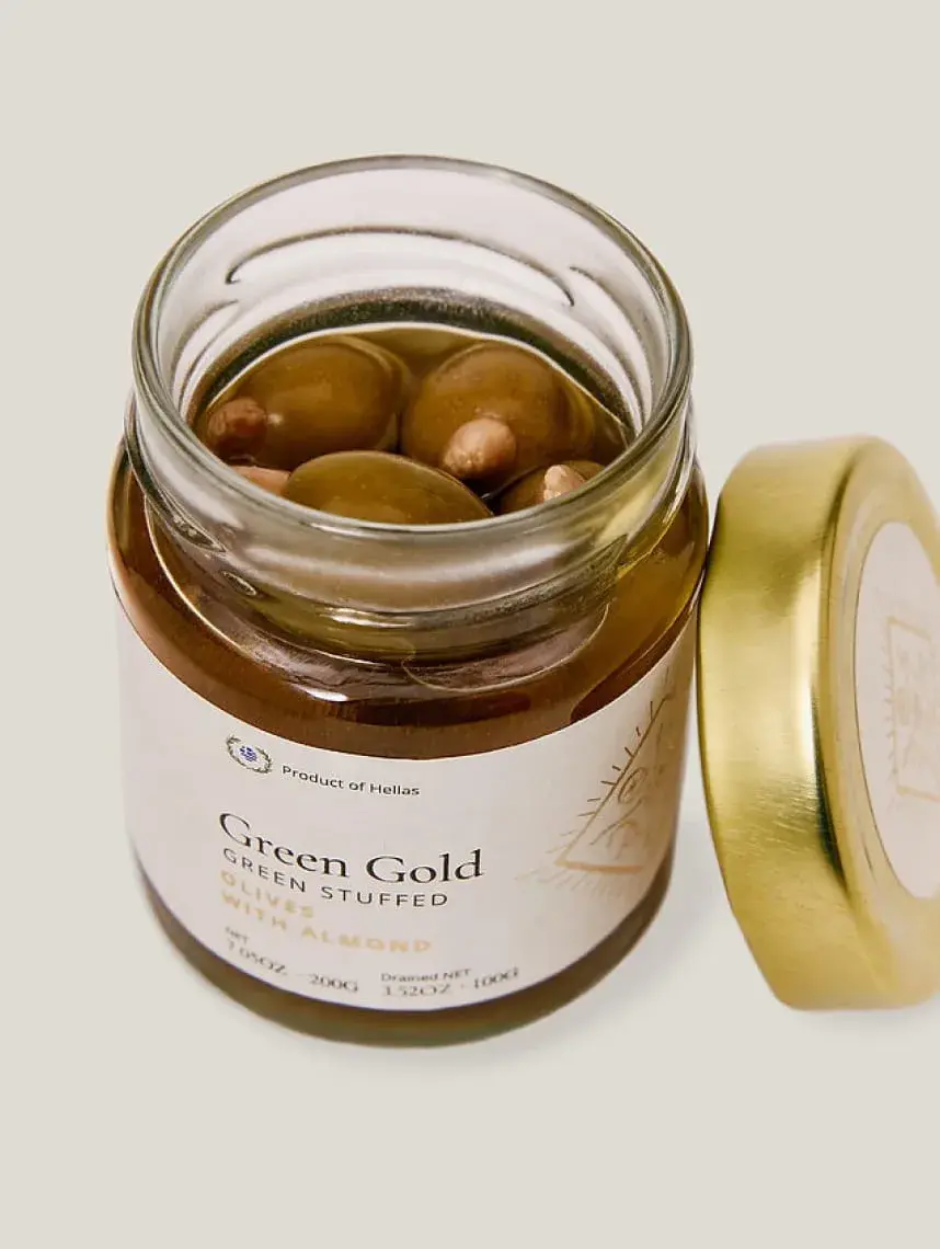 Artisanal Greek Almond Stuffed Olives in Brine - Sacred Wisdom Foods Luxury Mediterranean Appetizer