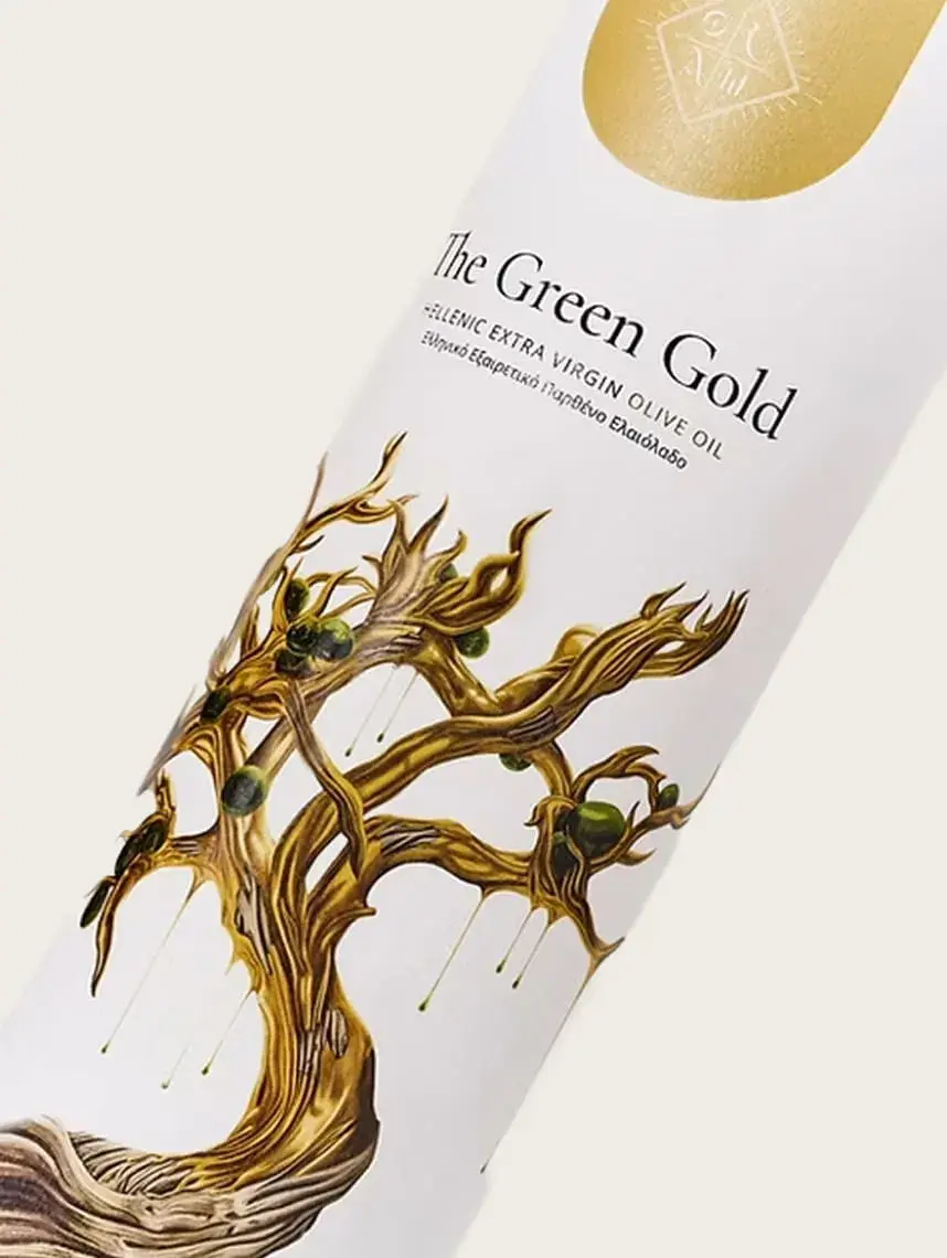 Elegant olive oil bottle label reading The Green Gold, with gold tree-and-olive artwork on a clean white background.