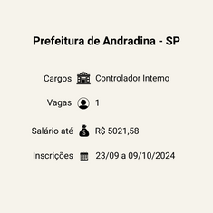 Prefeitura de Andradina - SP divulga uma vaga para Controlador Interno em novo Concurso Público