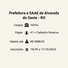Prefeitura e SAAE de Alvorada do Oeste - RO abrem três novos Concursos Públicos