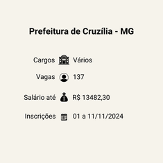 Prefeitura de Cruzília - MG abre dois Processos Seletivos com total de 137 vagas