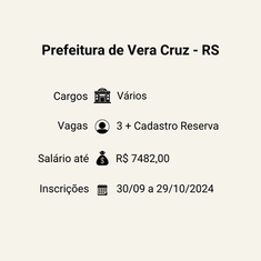 Prefeitura de Vera Cruz - RS abre novo Concurso Público para vários cargos