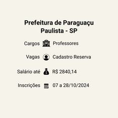 Prefeitura de Estância Turística de Paraguaçu Paulista - SP abre novo Processo Seletivo para Professores
