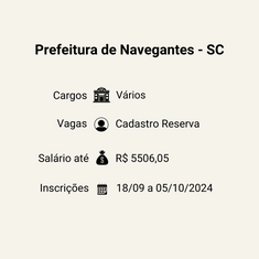 Prefeitura de Navegantes - SC abre novo Processo Seletivo